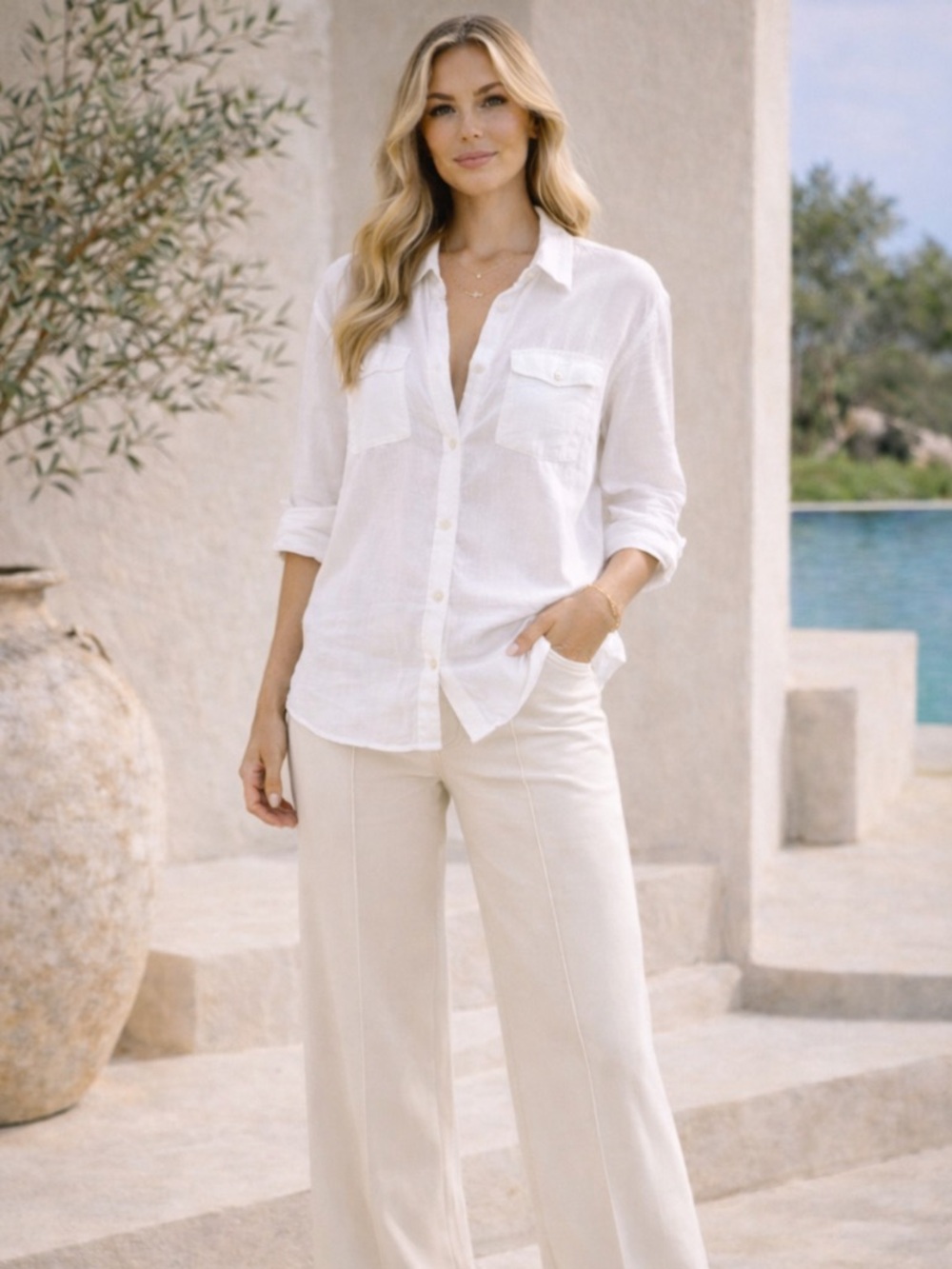 🔥LINEN Casual White Button-Down Shirt Sz M/L Pristine! PriceFirm